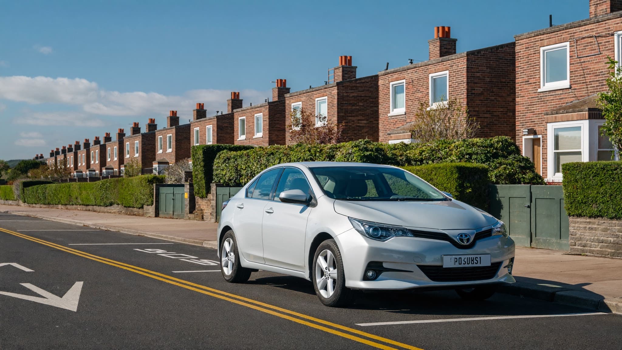 A grey Toyota Corolla hybrid saloon on a golden-hour UK city street