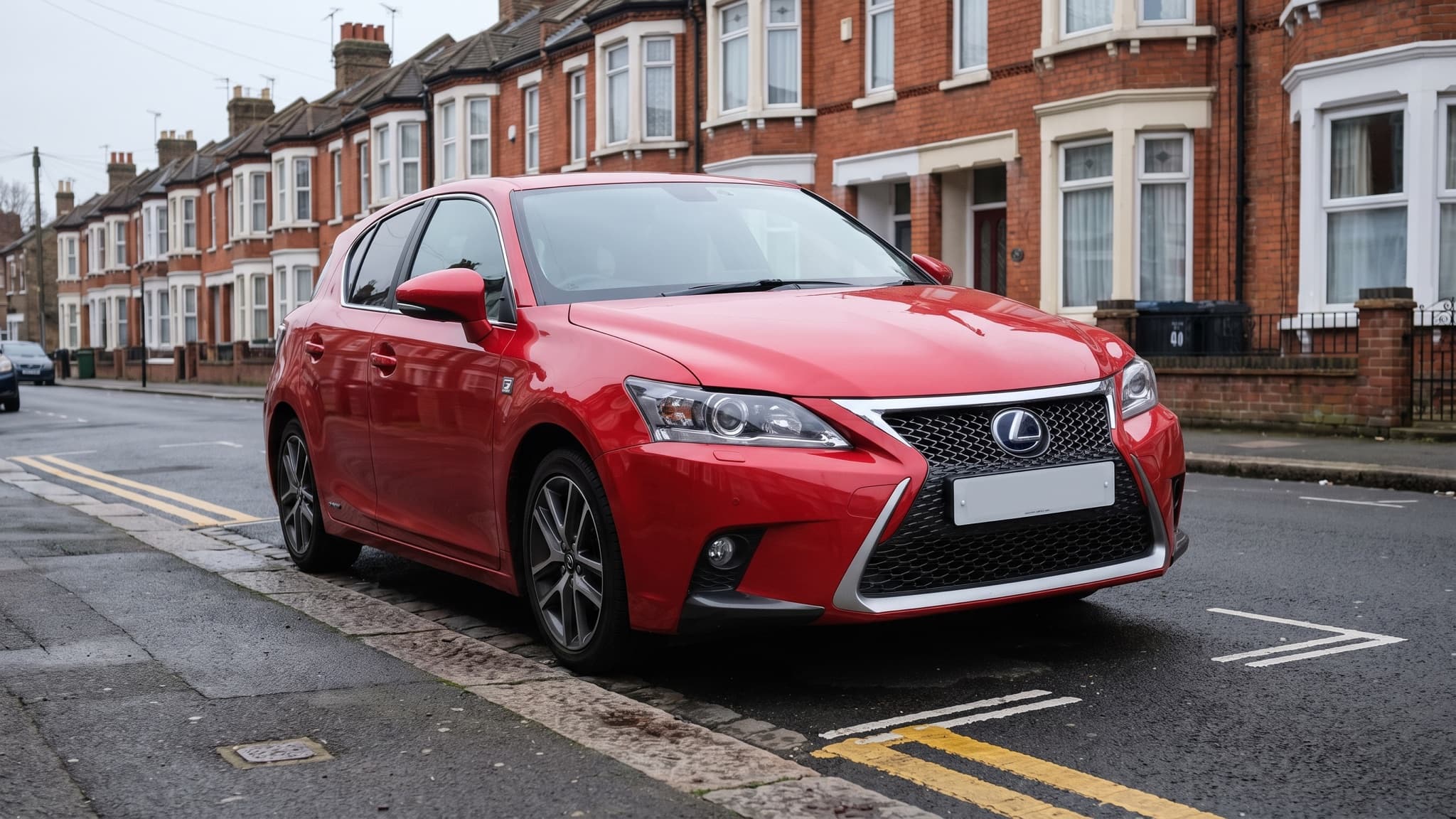 A red Lexus CT hybrid hatchback parked on a terraced UK street