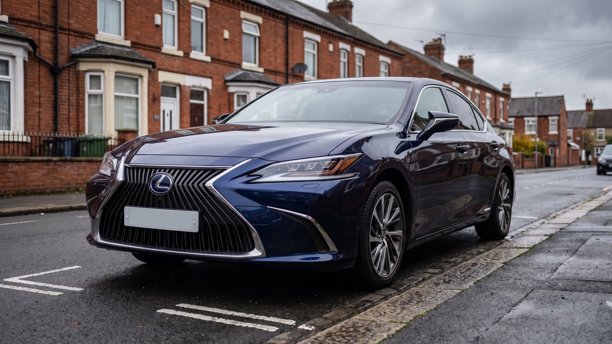 A dark blue Lexus ES hybrid saloon parked on a UK residential street