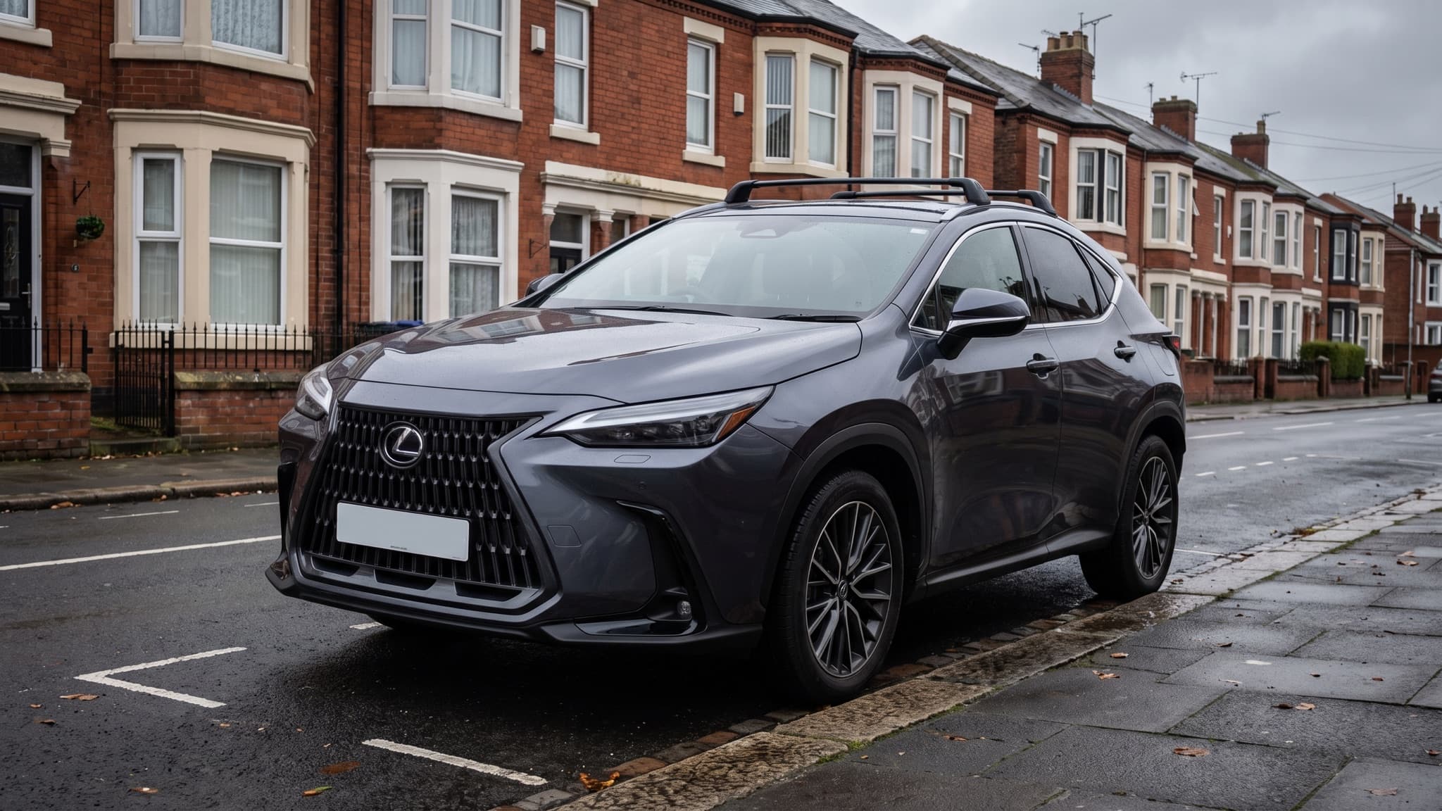 A dark grey Lexus NX hybrid parked on a UK residential street
