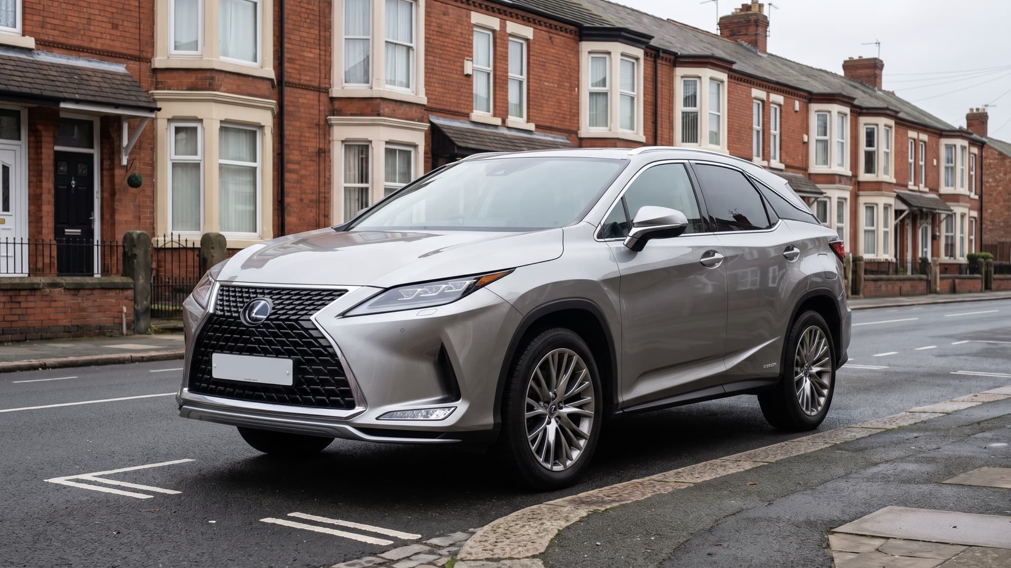 A silver Lexus RX hybrid parked on a UK residential street